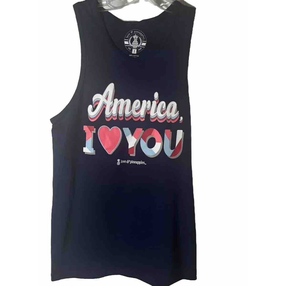 S Love & Pineapples Blue Graphic Woman Tank America I Love You 100% Cotton